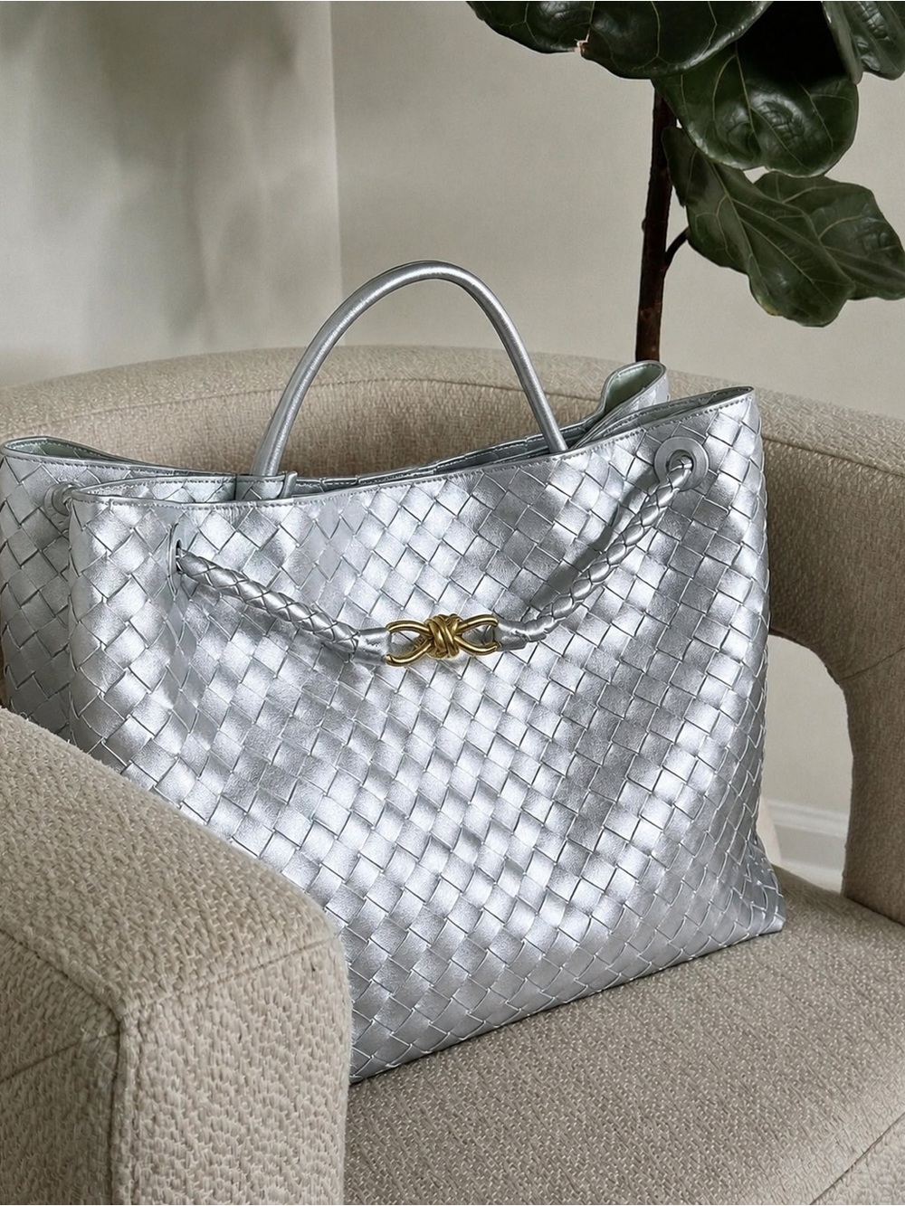 Silver Woven Leather Tote Bag